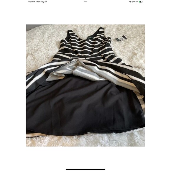 Lauren Ralph Lauren Black/Ivory Stripe Sateen V-Neck Fit & Flare Dress Sz 8 NEW - Picture 7 of 10